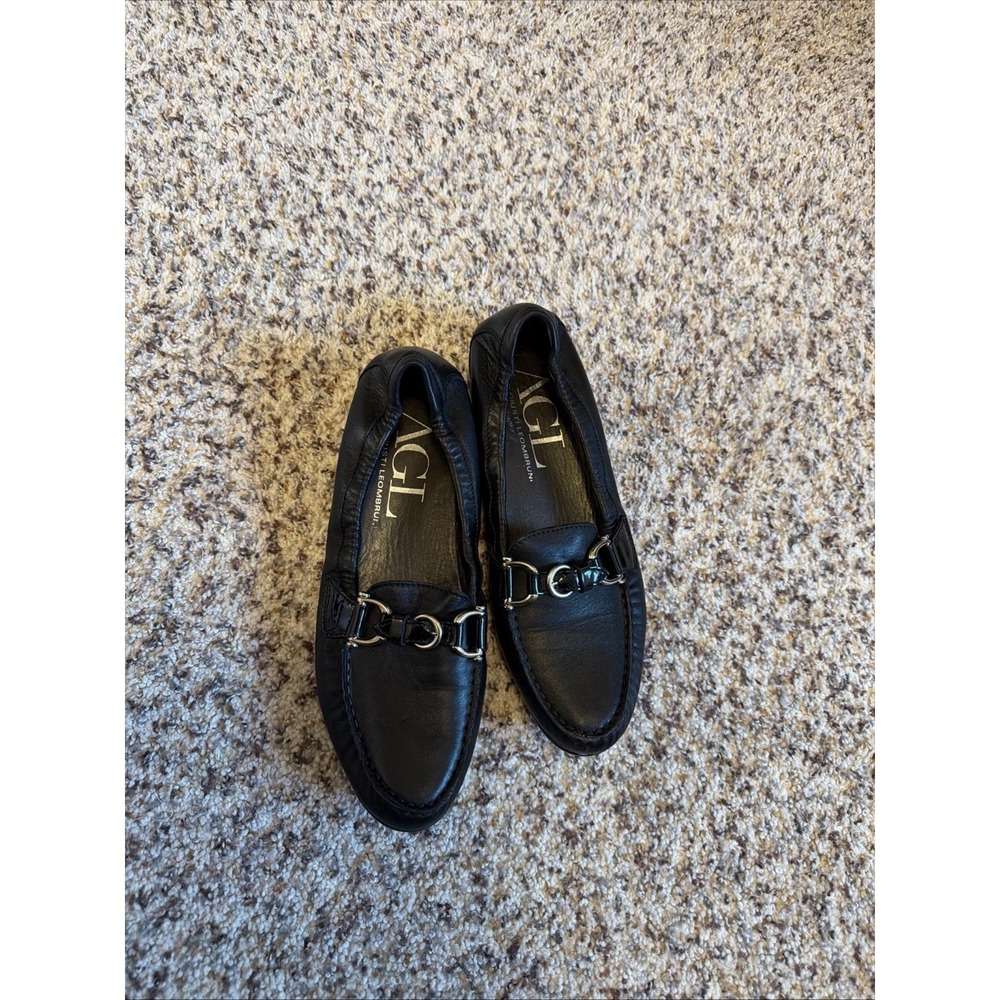 AGL (ATTILIO GIUSTI LEOMBRUNI) Black Leather Loafers Flat Buckle Women's Sz 38.5